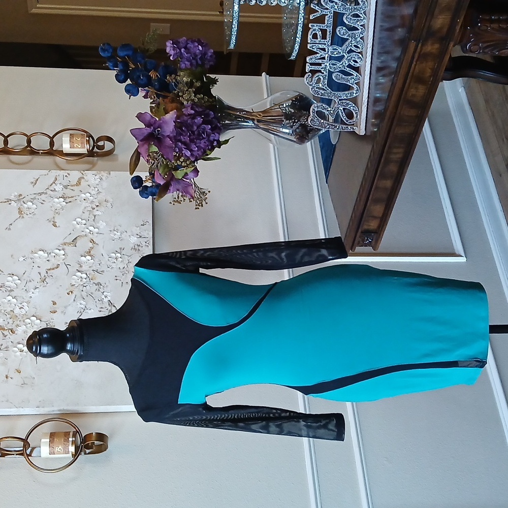 Frederick's of Hollywood Cocktail Teal Sheer Illusions Mini Dress. Size M - Picture 10 of 17